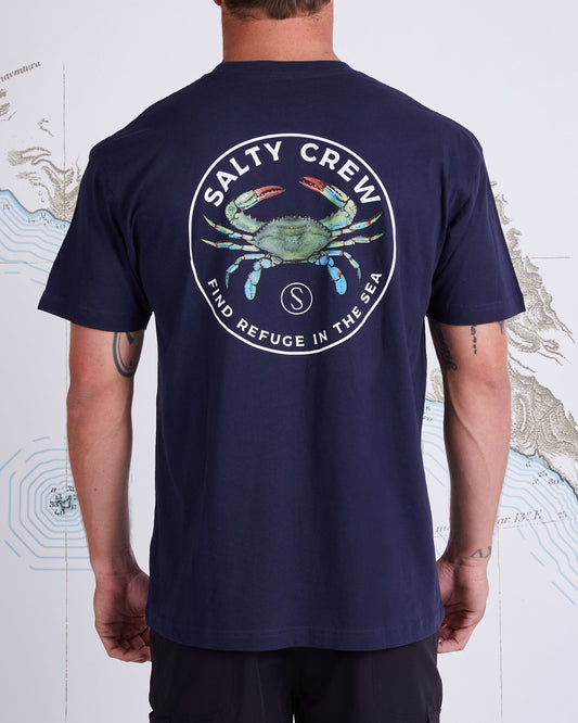 On body back of Blue Crabber Navy S/S Premium Tee