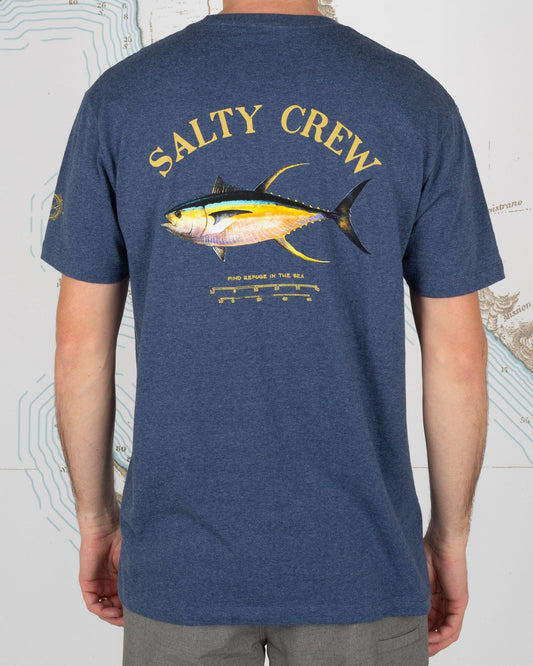 On body back of Ahi Mount Navy/Heather S/S Standard Tee