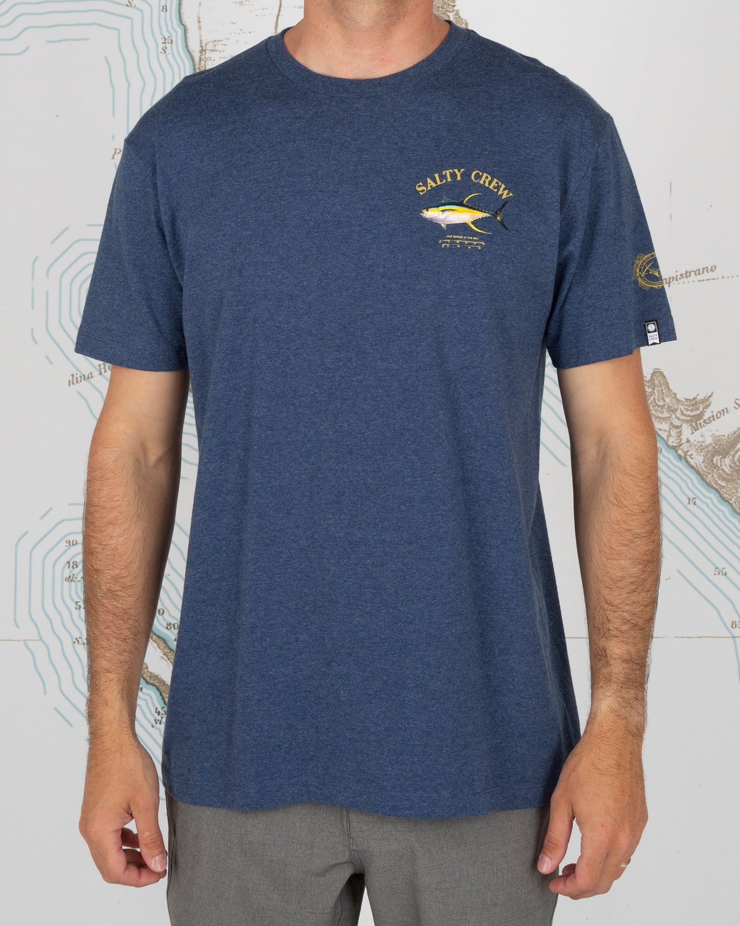 On body front of Ahi Mount Navy/Heather S/S Standard Tee