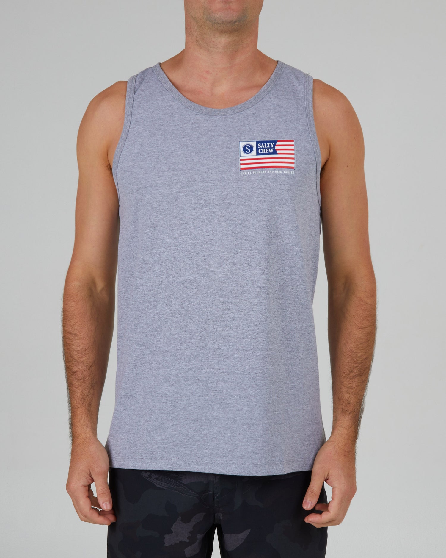 front view of Freedom Flag Athletic Grey Tank