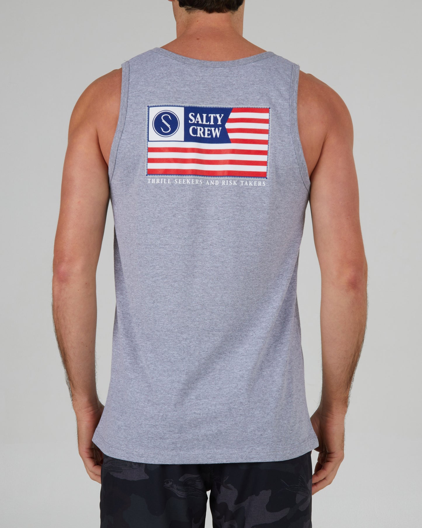 back view of Freedom Flag Athletic Grey Tank