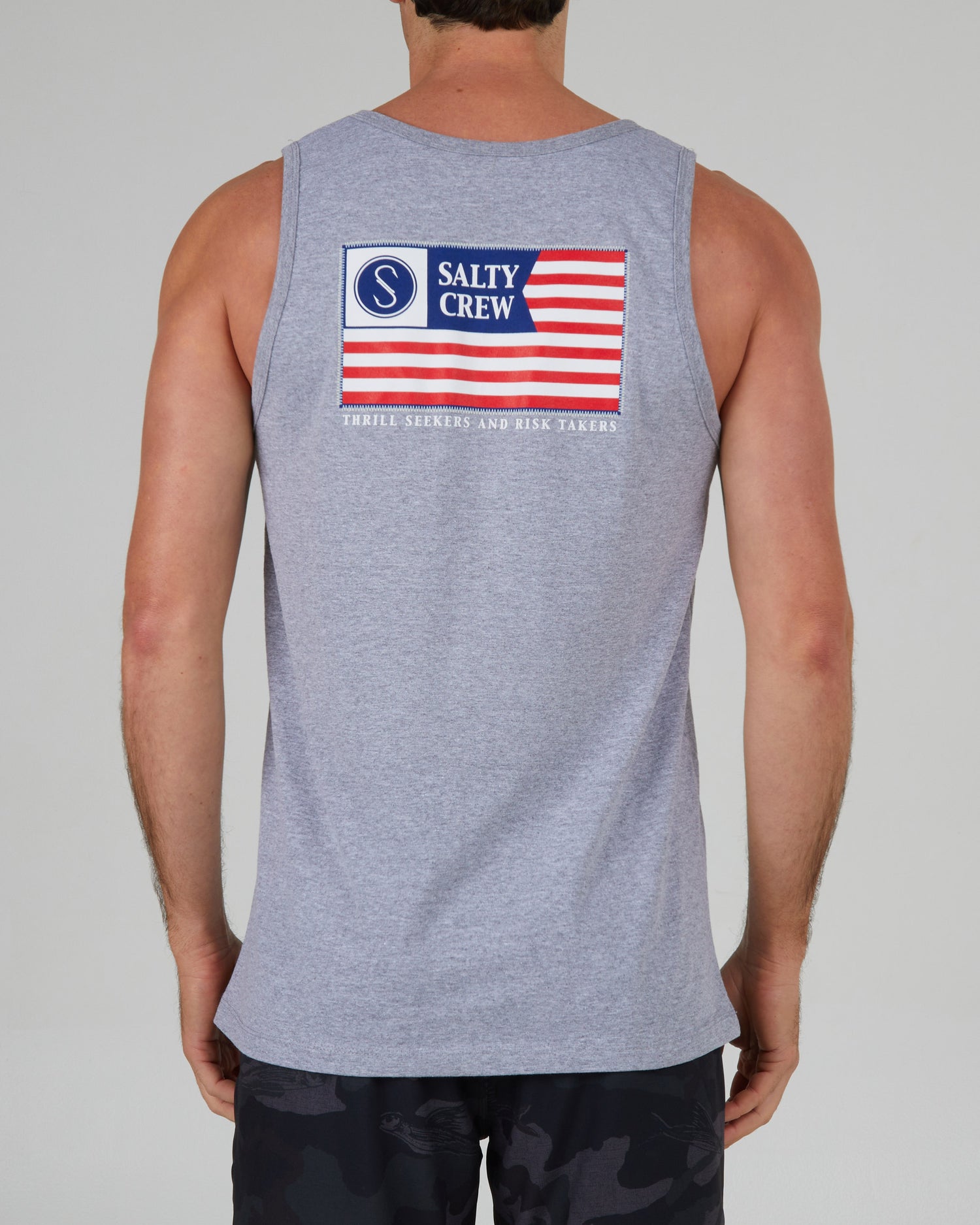 back view of Freedom Flag Athletic Grey Tank
