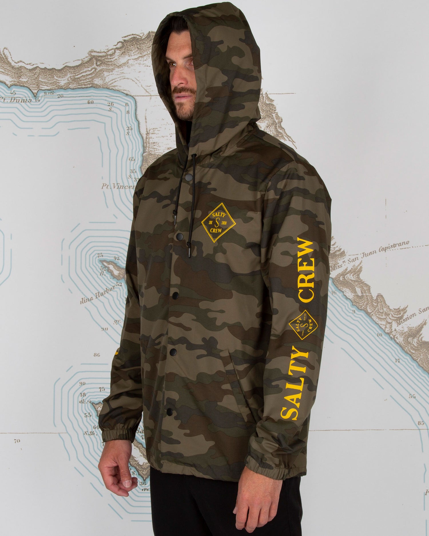 On body front angled of Tippet Camo Snap Jacket