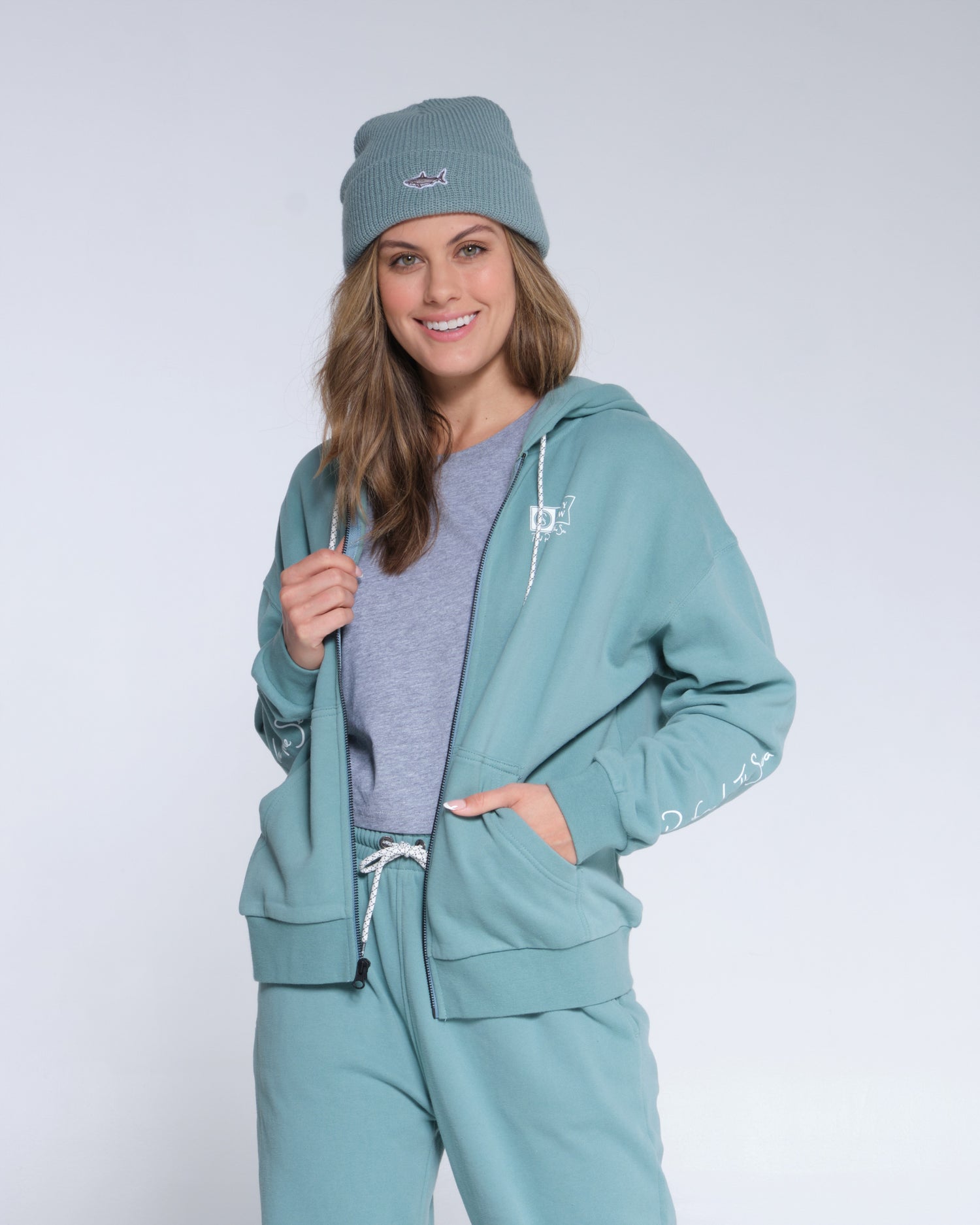 front unzipped of Alpha Dusty Turq Zip Hoody