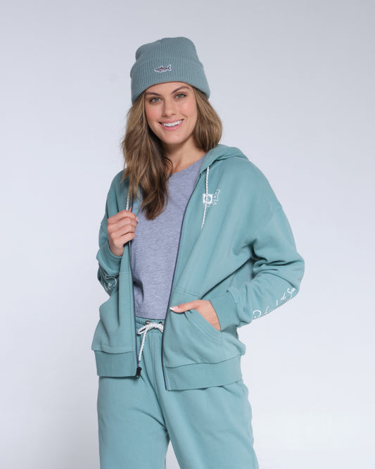 front unzipped of Alpha Dusty Turq Zip Hoody