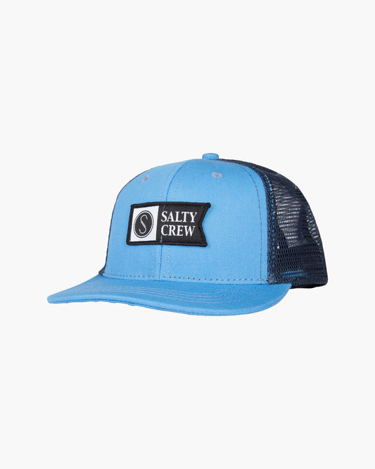 Front of the Pinnacle Marine Blue Boys Retro Trucker