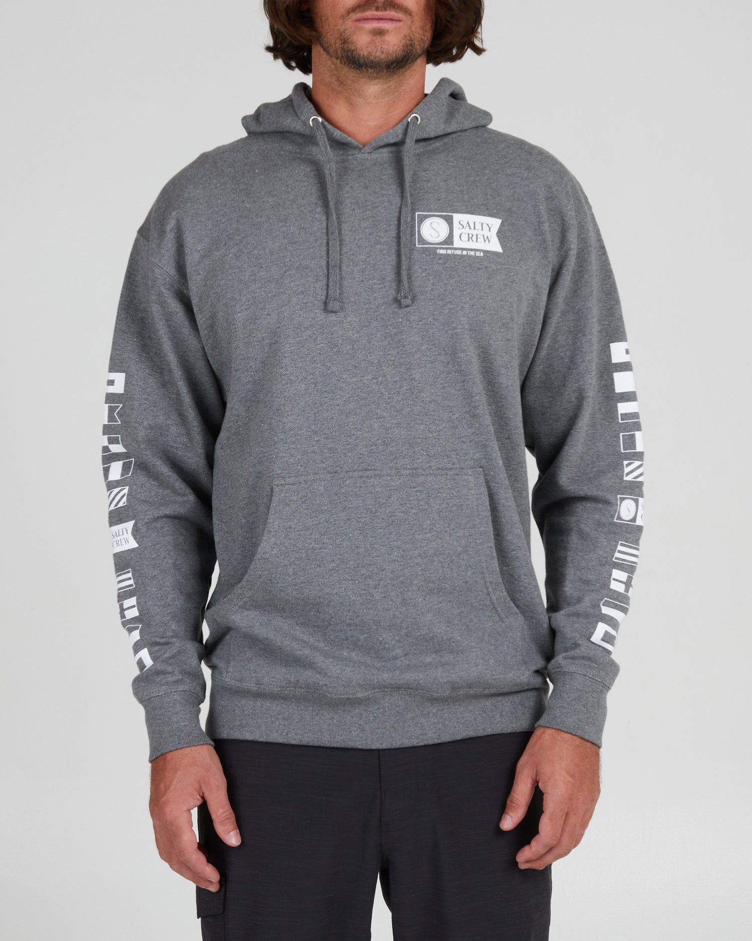 On body front of the Alpha Gunmetal Heather Hood Fleece