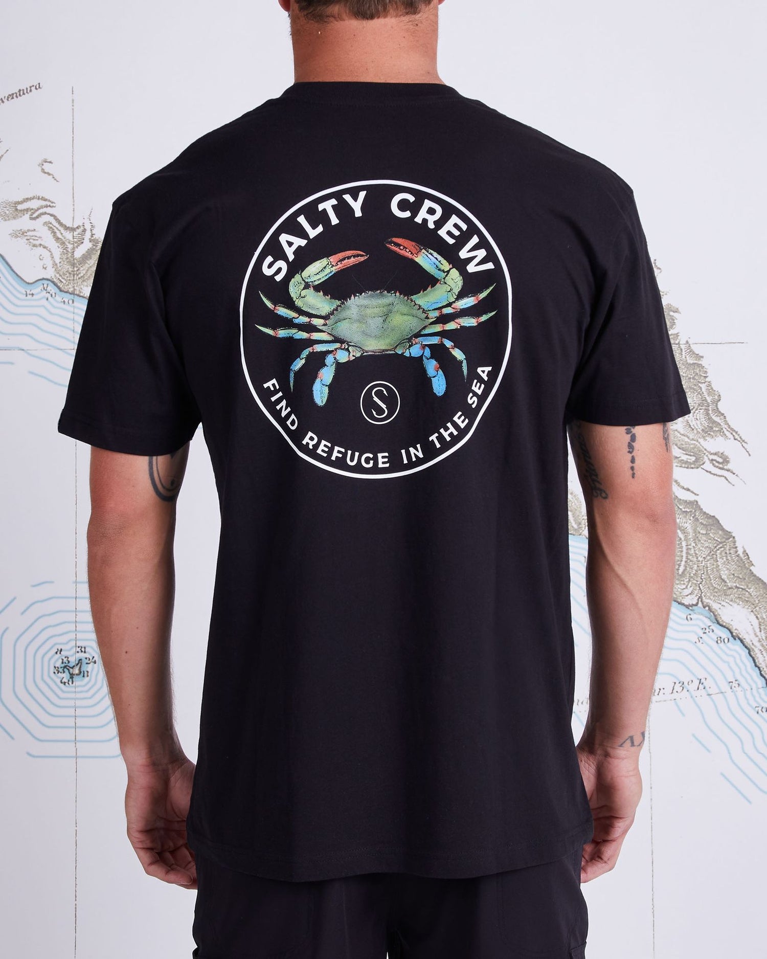 On body back of Blue Crabber Black S/S Premium Tee