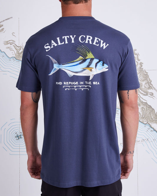 On body back of Rooster Harbor Blue Premium S/S Tee