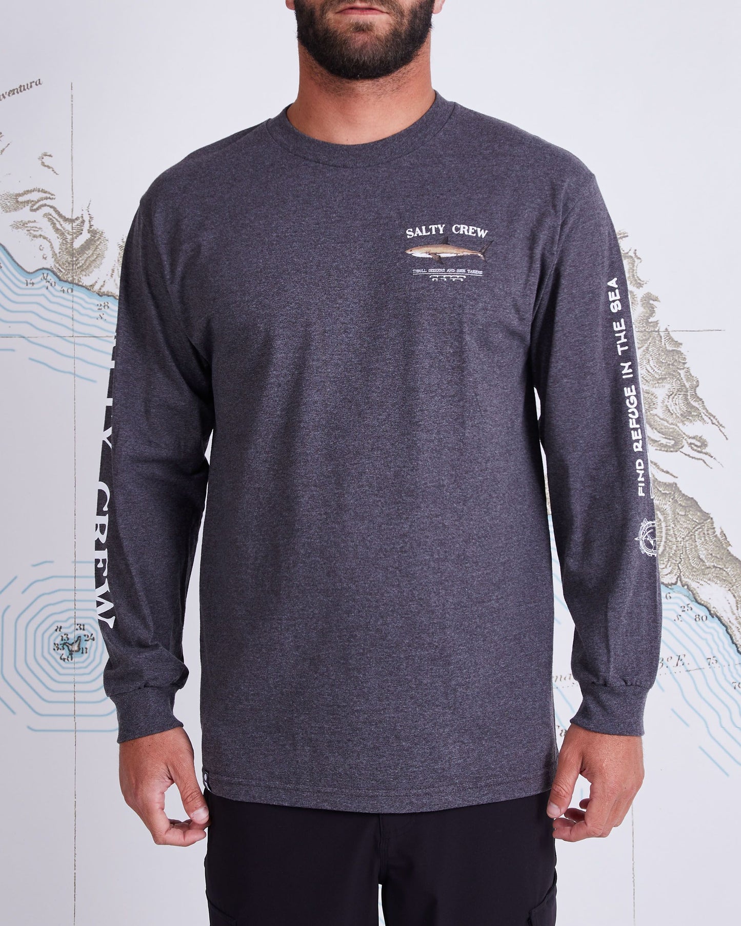 On body front of Bruce Charcoal Heather L/S Standard Tee