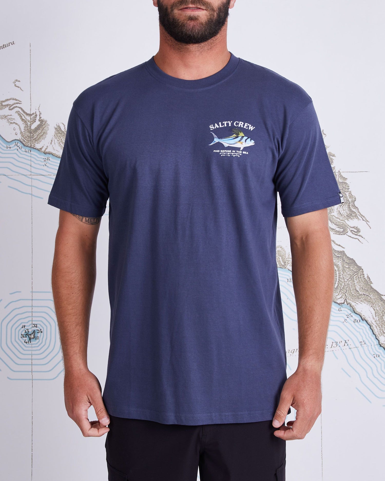 On body front of Rooster Harbor Blue Premium S/S Tee
