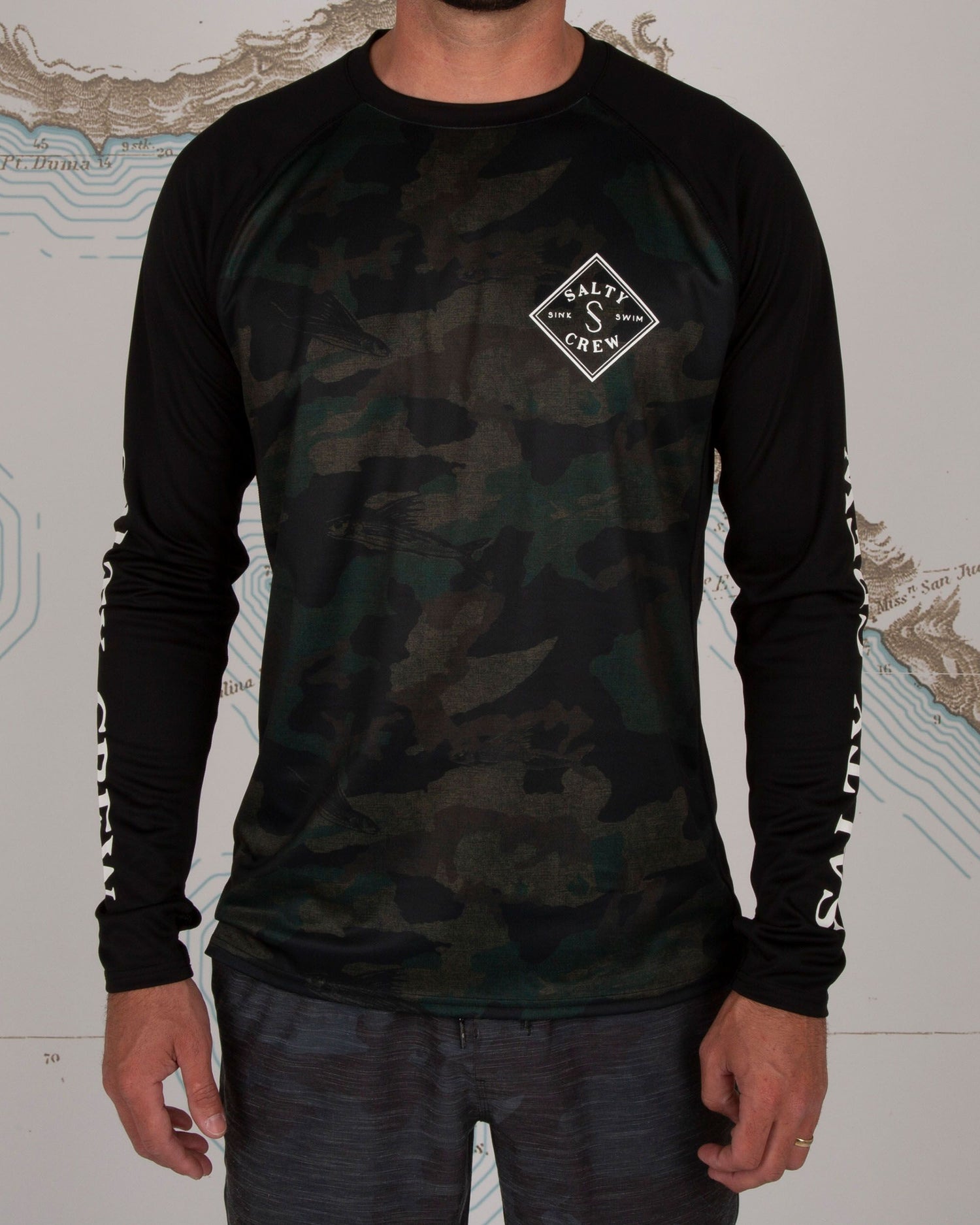 On body front of Tippet Camo Pinnacle + L/S Sunshirt